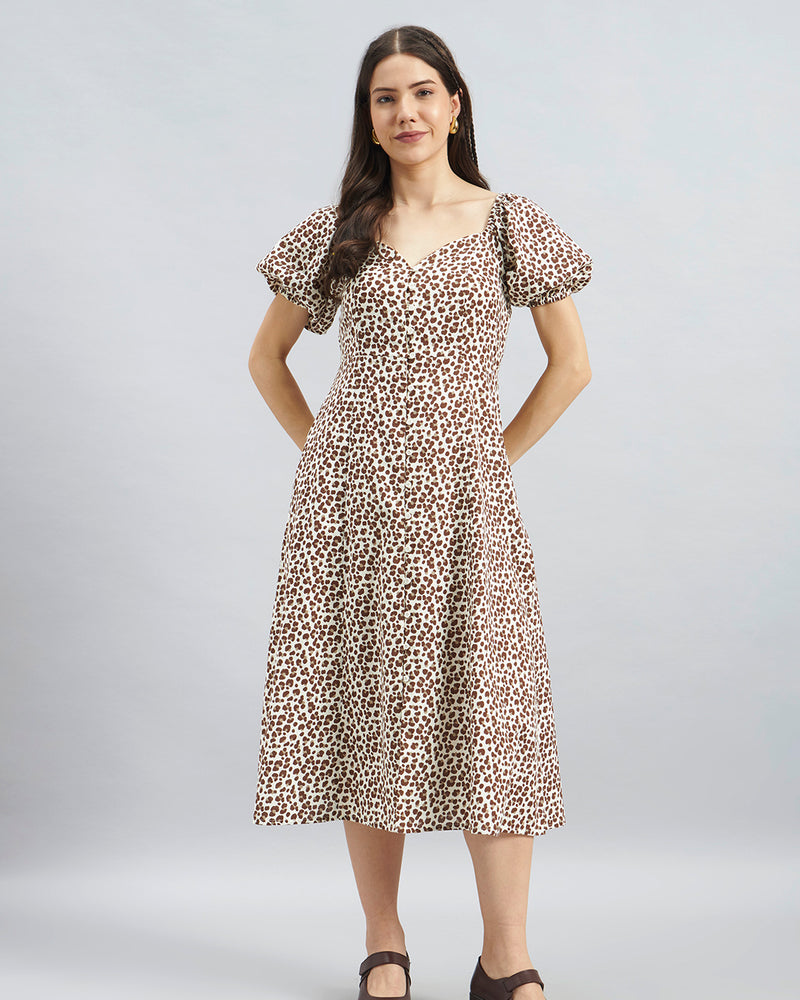 Brown Animal Print Puff Sleeve Cotton Midi Dress