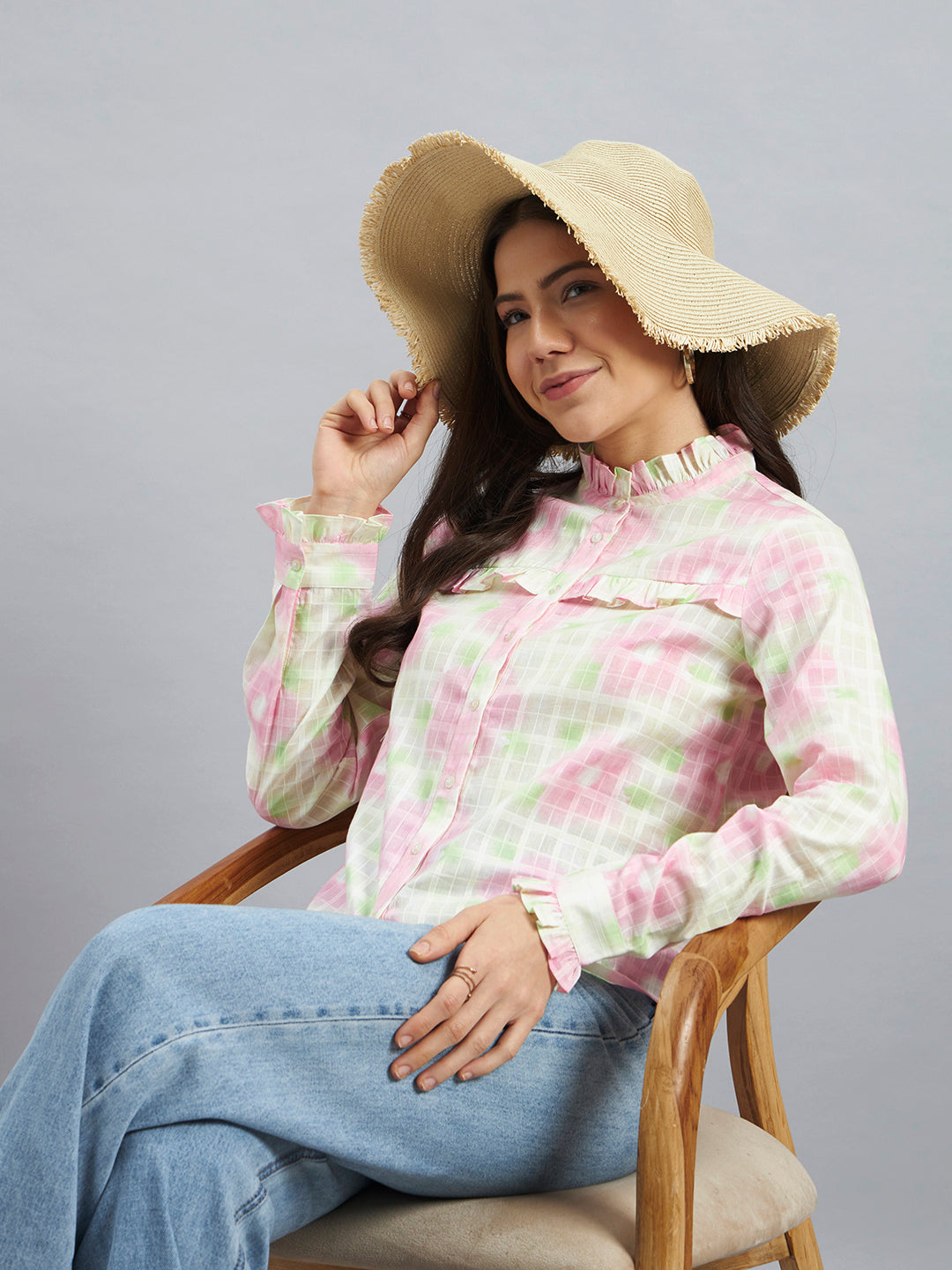 White Printed Textured Cotton Ruffle Neck Shirt