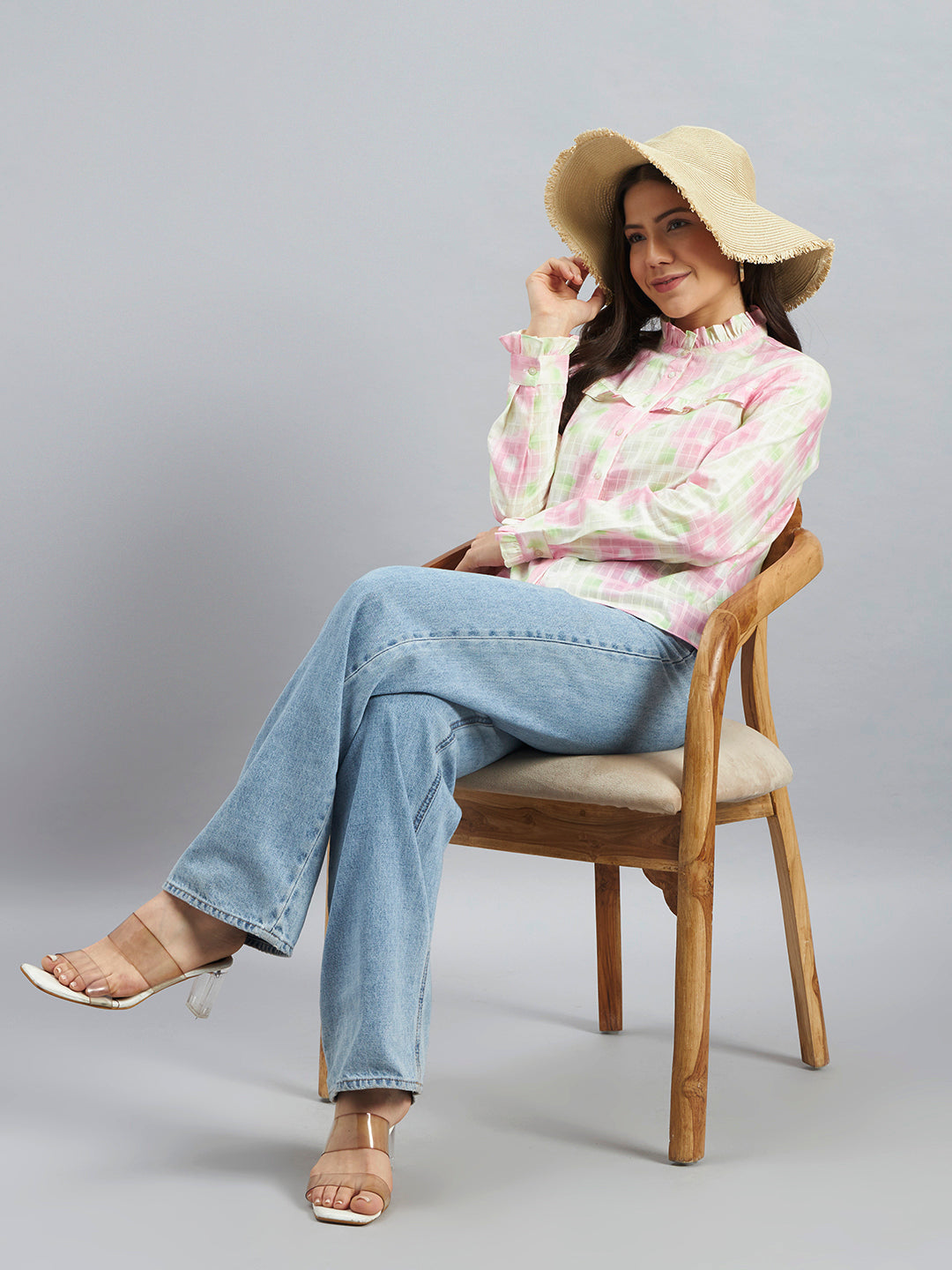 White Printed Textured Cotton Ruffle Neck Shirt