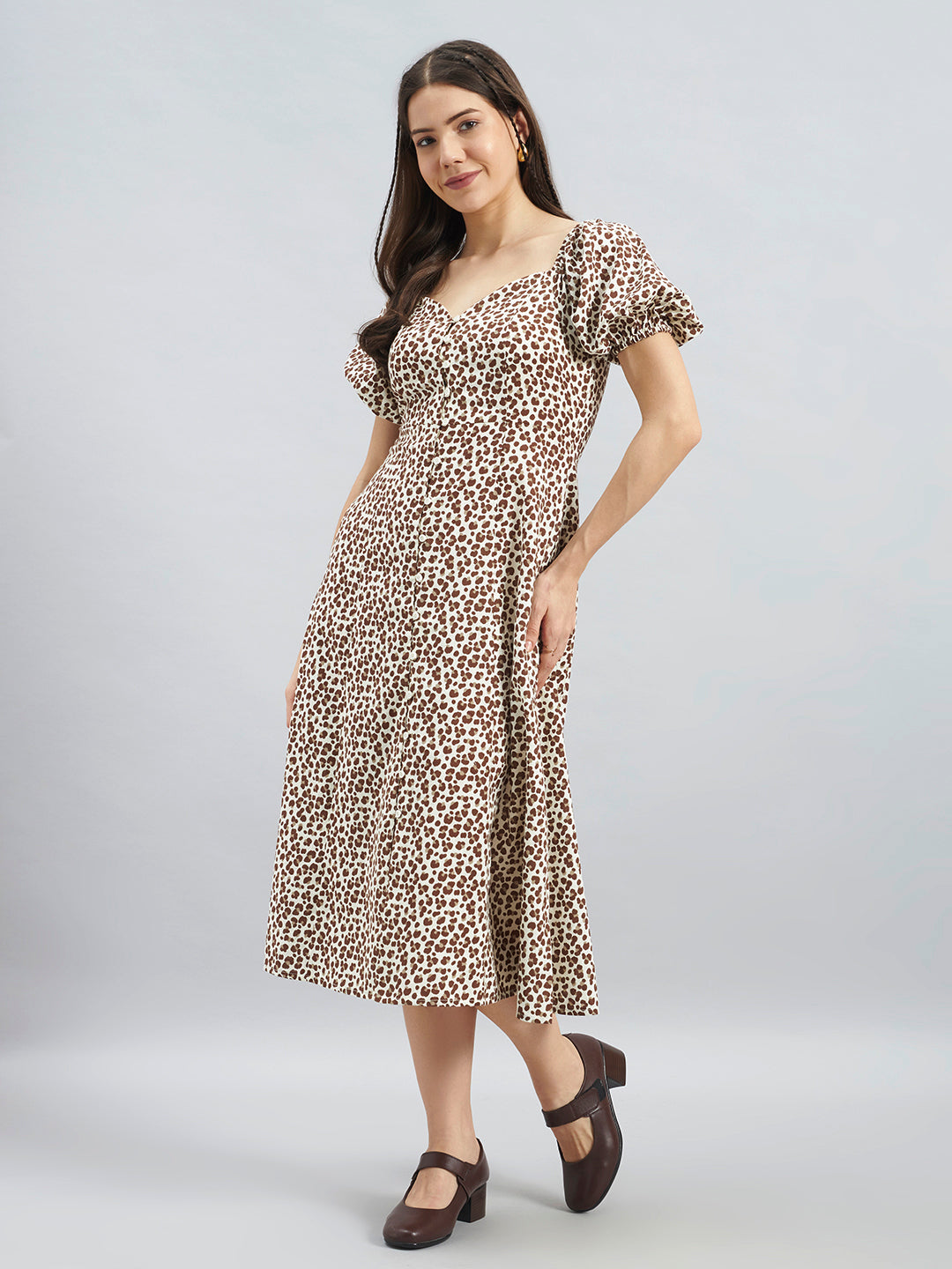 Brown Animal Print Puff Sleeve Cotton Midi Dress