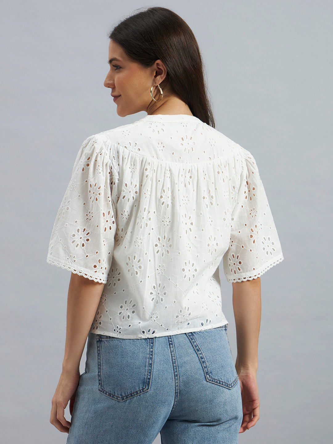 White Cotton Schiffli Top with Tie-Up Neck