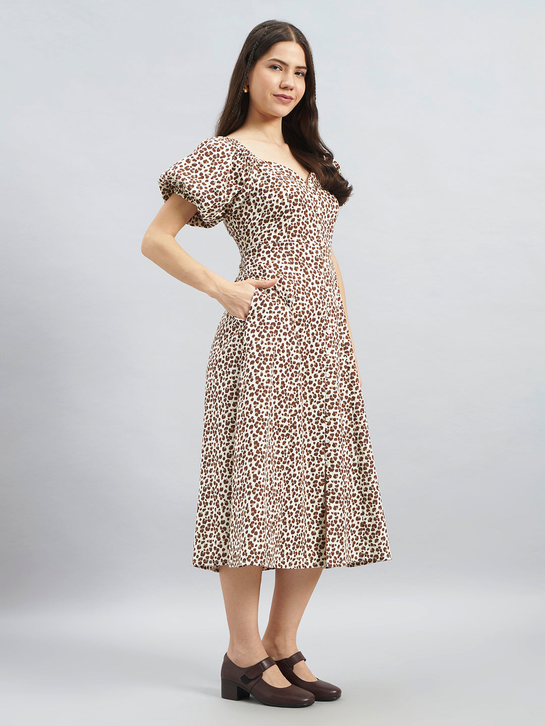 Brown Animal Print Puff Sleeve Cotton Midi Dress