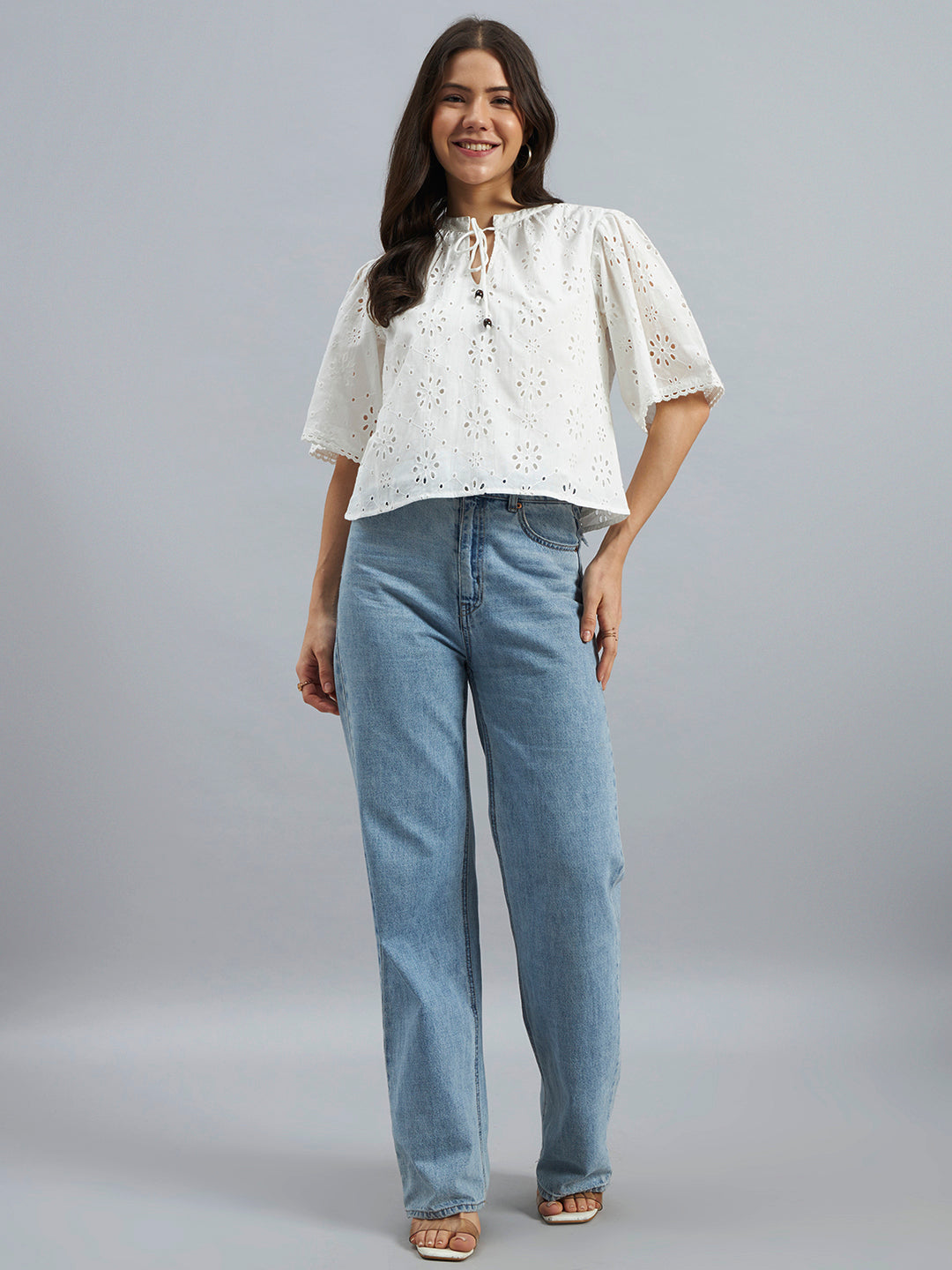 White Cotton Schiffli Top with Tie-Up Neck
