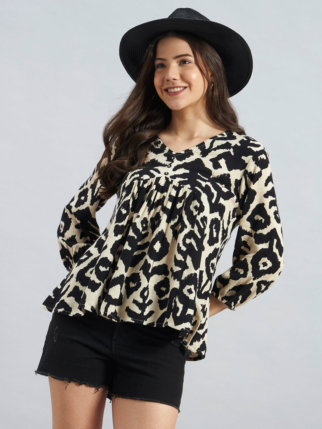 Women Beige & Black Animal Print V-Neck Top