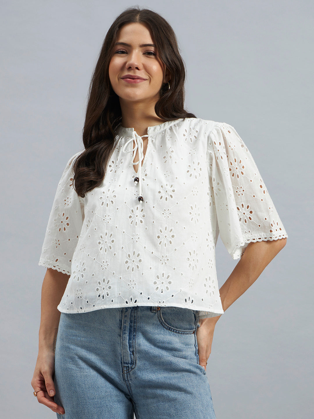 White Cotton Schiffli Top with Tie-Up Neck