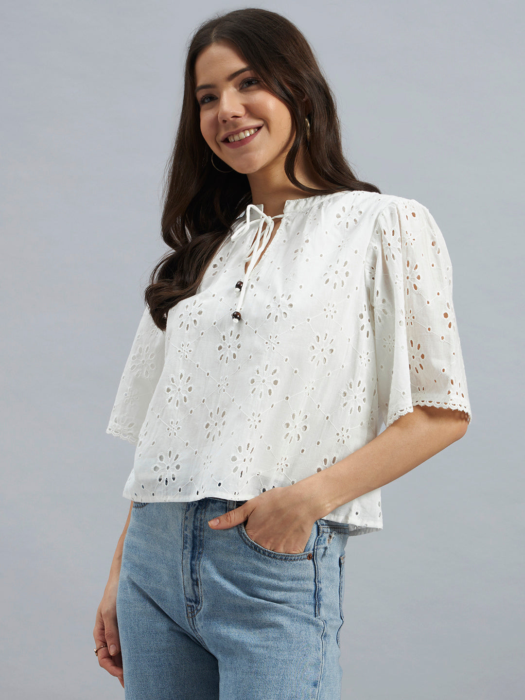 White Cotton Schiffli Top with Tie-Up Neck