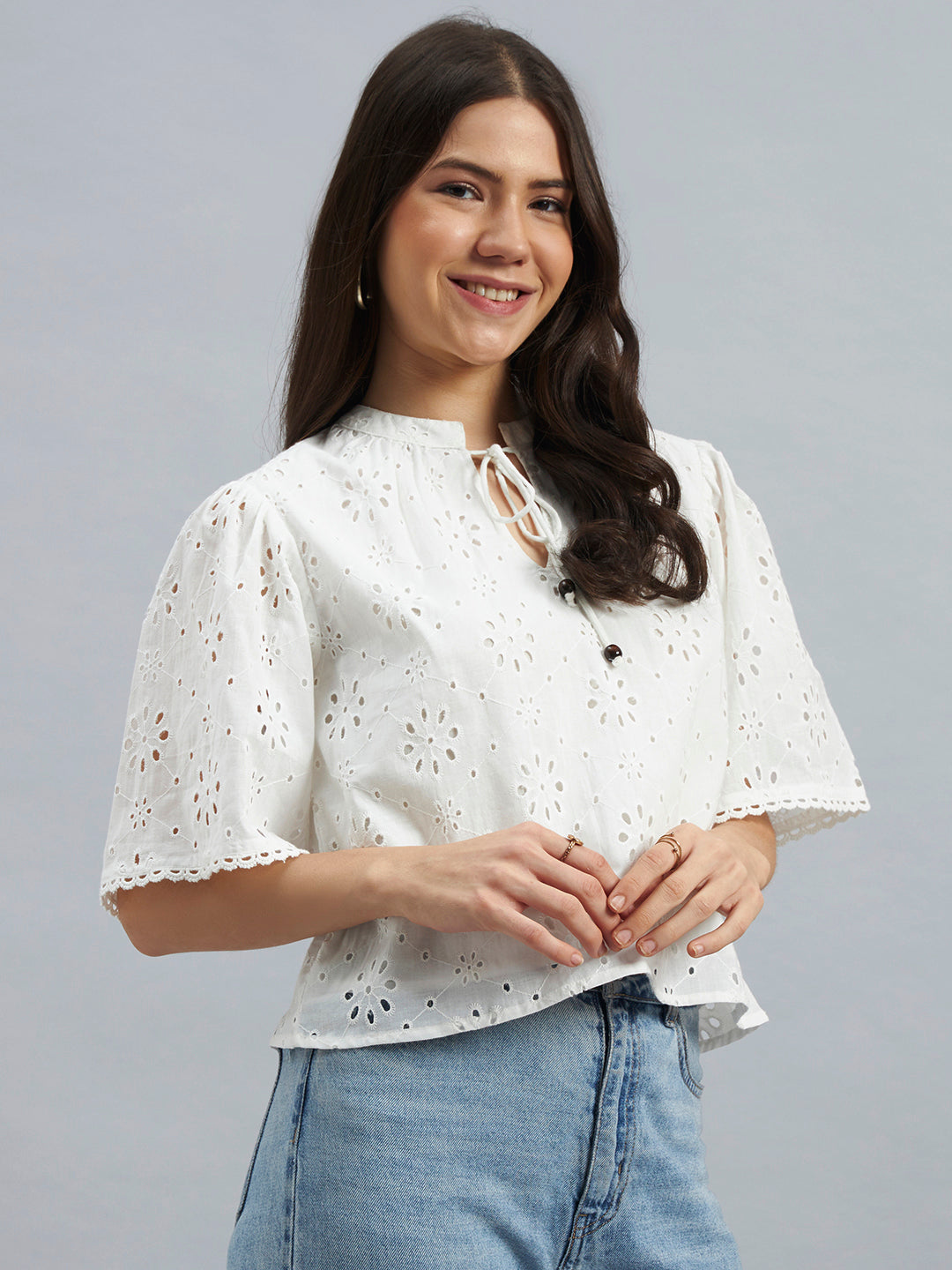White Cotton Schiffli Top with Tie-Up Neck
