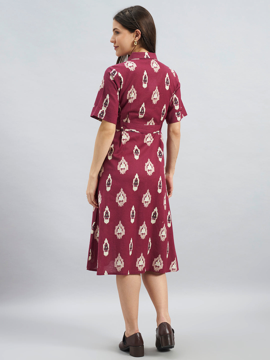 Wine Ikkat Printed Cotton Flax Dress With Belt – Midi Dress