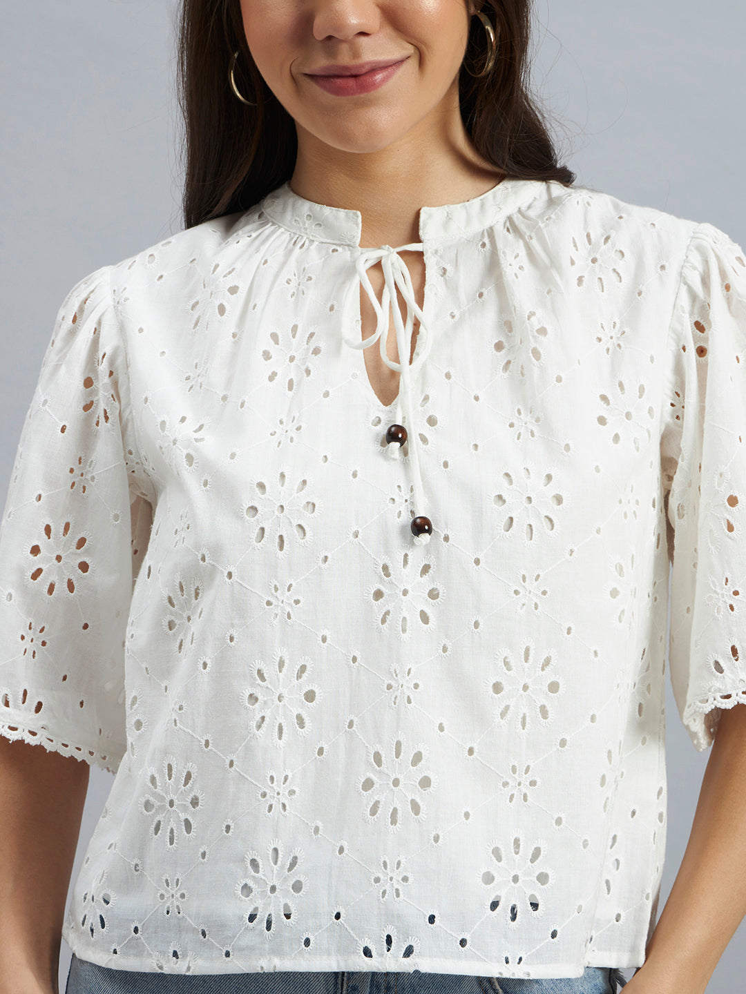 White Cotton Schiffli Top with Tie-Up Neck