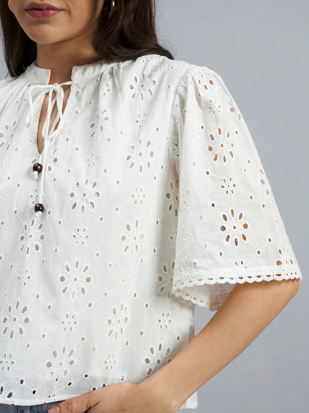 White Cotton Schiffli Top with Tie-Up Neck
