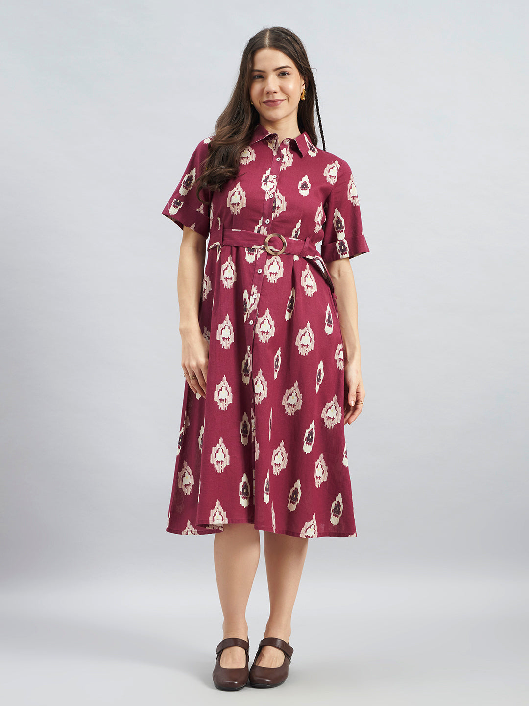 Wine Ikkat Printed Cotton Flax Dress With Belt – Midi Dress