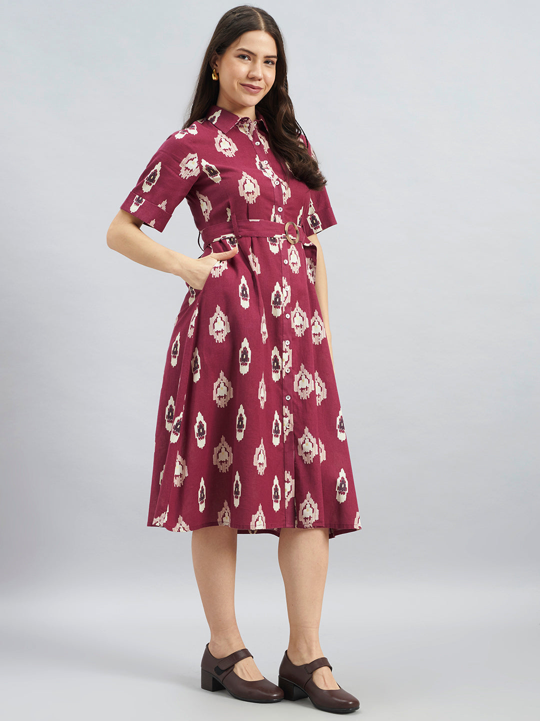 Wine Ikkat Printed Cotton Flax Dress With Belt – Midi Dress