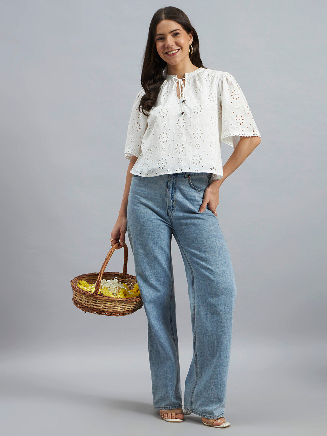 White Cotton Schiffli Top with Tie-Up Neck