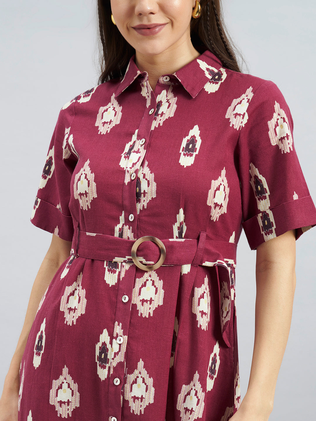 Wine Ikkat Printed Cotton Flax Dress With Belt – Midi Dress