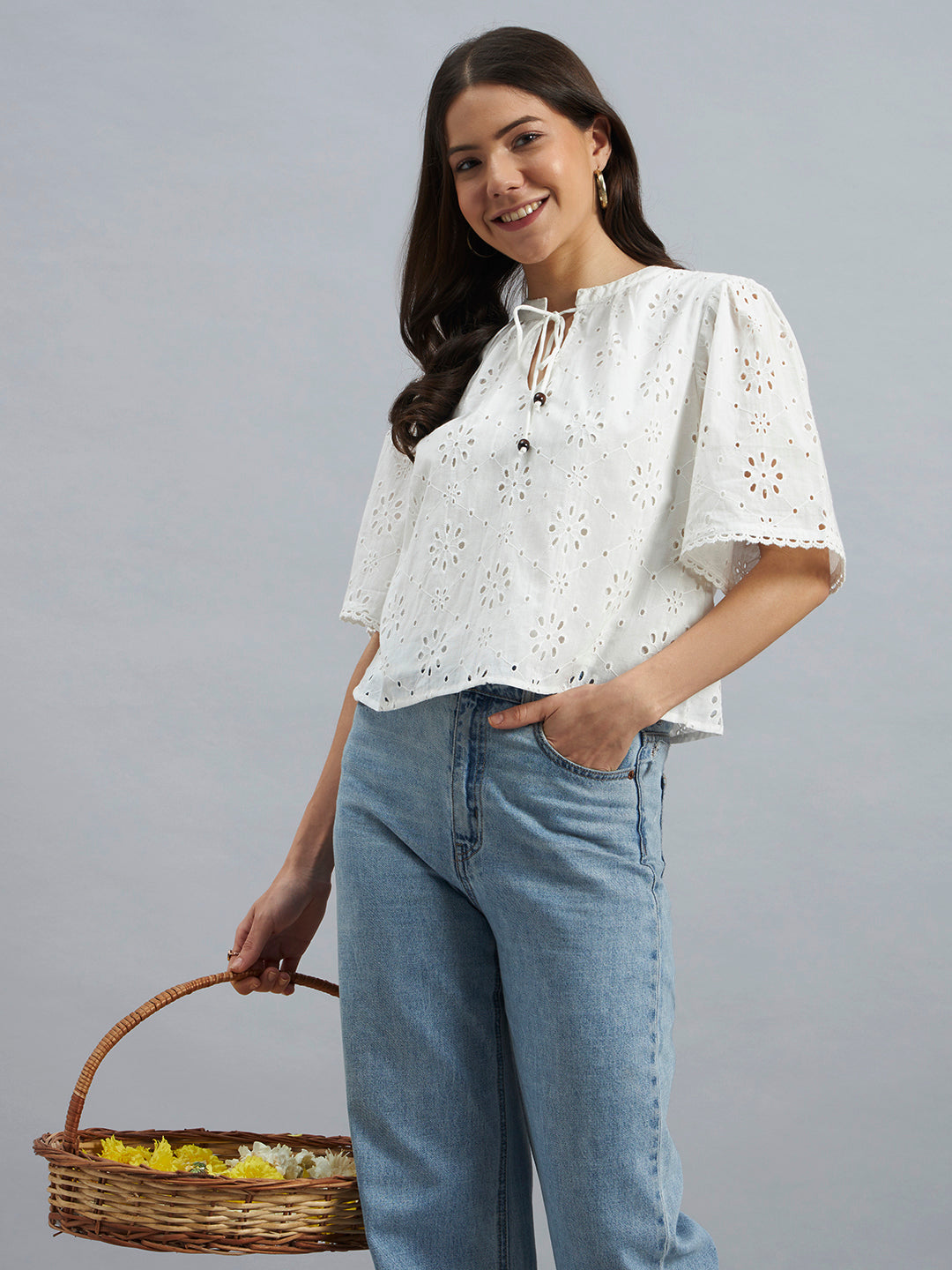 White Cotton Schiffli Top with Tie-Up Neck