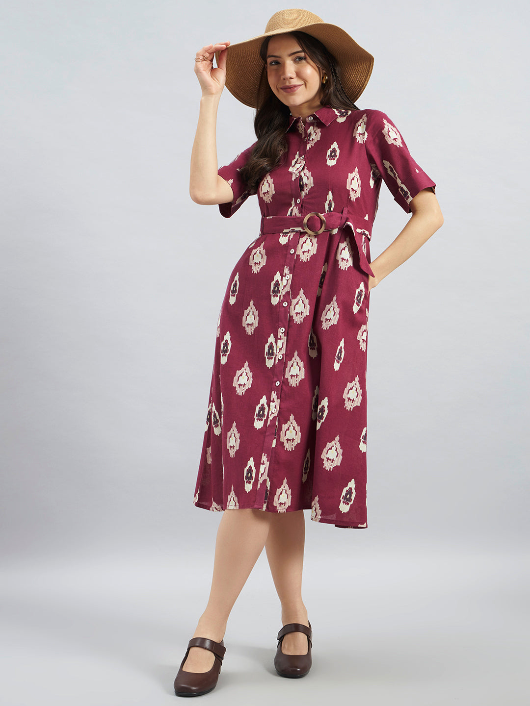 Wine Ikkat Printed Cotton Flax Dress With Belt – Midi Dress
