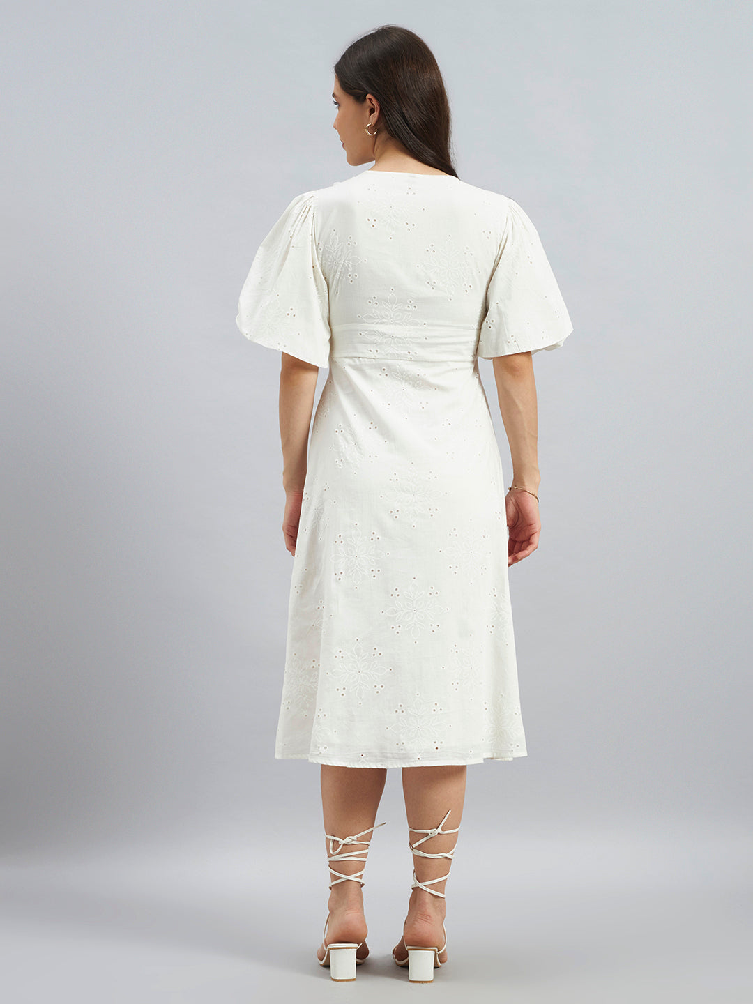 White Schiffli Embroidered Puff Sleeve Cotton Midi Dress