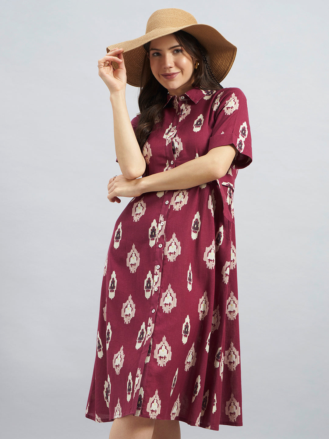 Wine Ikkat Printed Cotton Flax Dress With Belt – Midi Dress