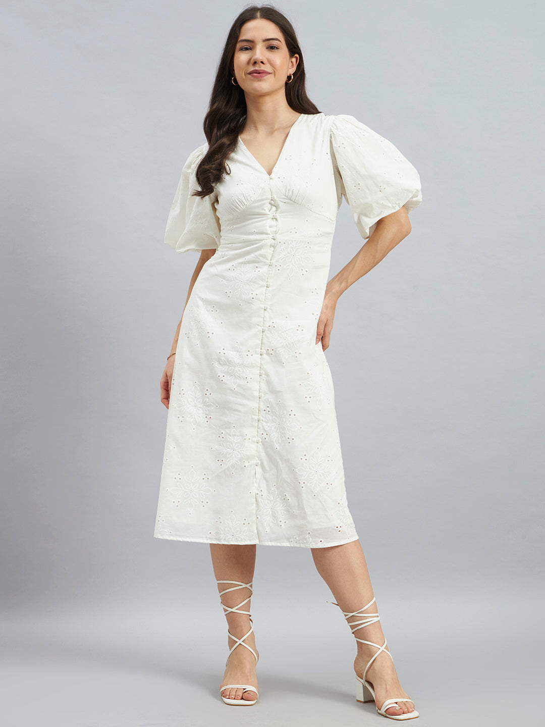 White Schiffli Embroidered Puff Sleeve Cotton Midi Dress