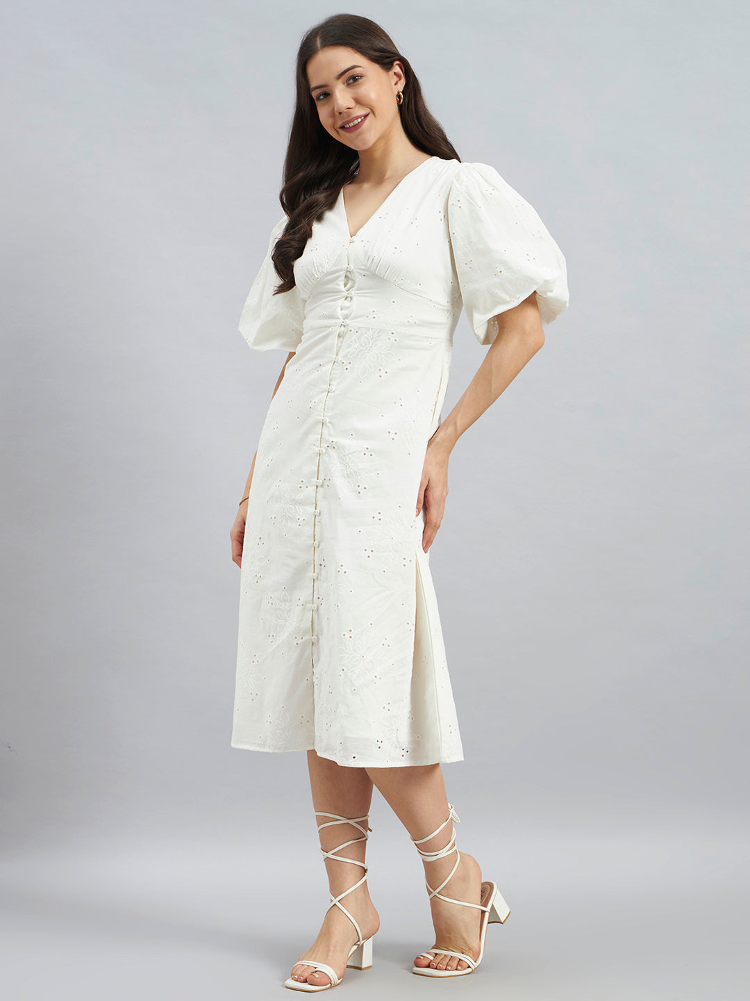 White Schiffli Embroidered Puff Sleeve Cotton Midi Dress