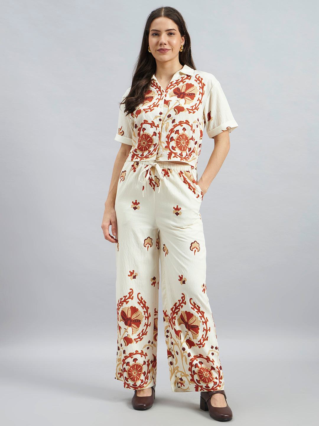 Women’s Cream Viscose Placement Printed Co-Ord Set