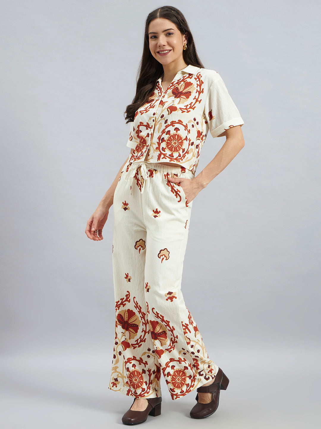 Women’s Cream Viscose Placement Printed Co-Ord Set