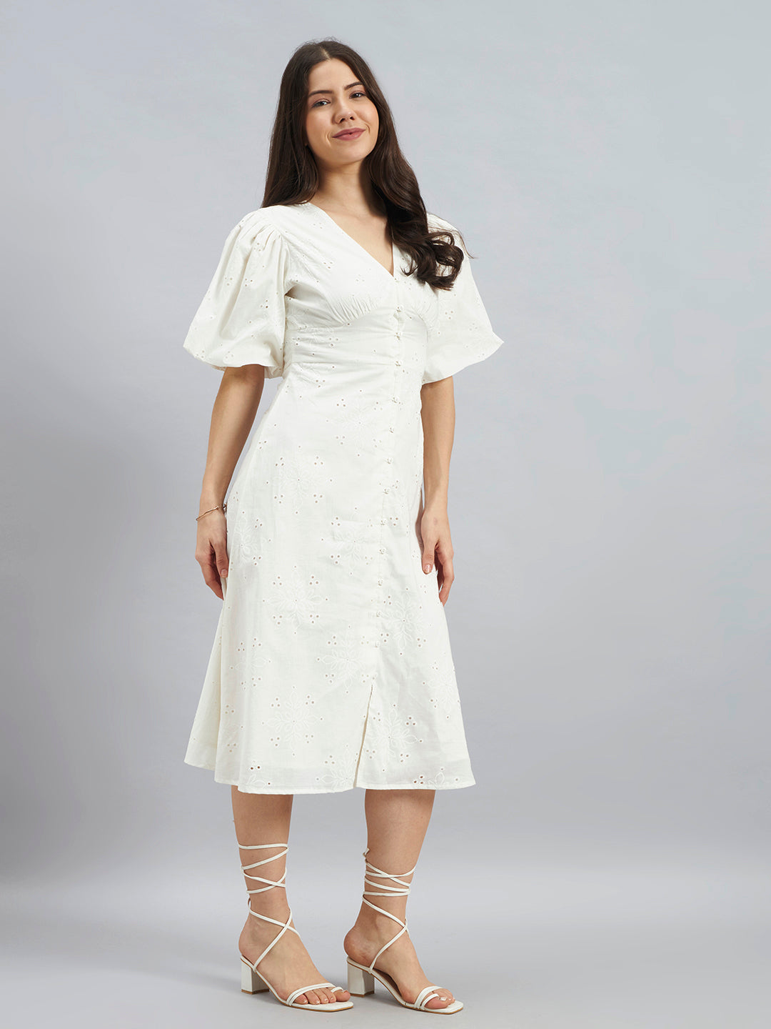 White Schiffli Embroidered Puff Sleeve Cotton Midi Dress