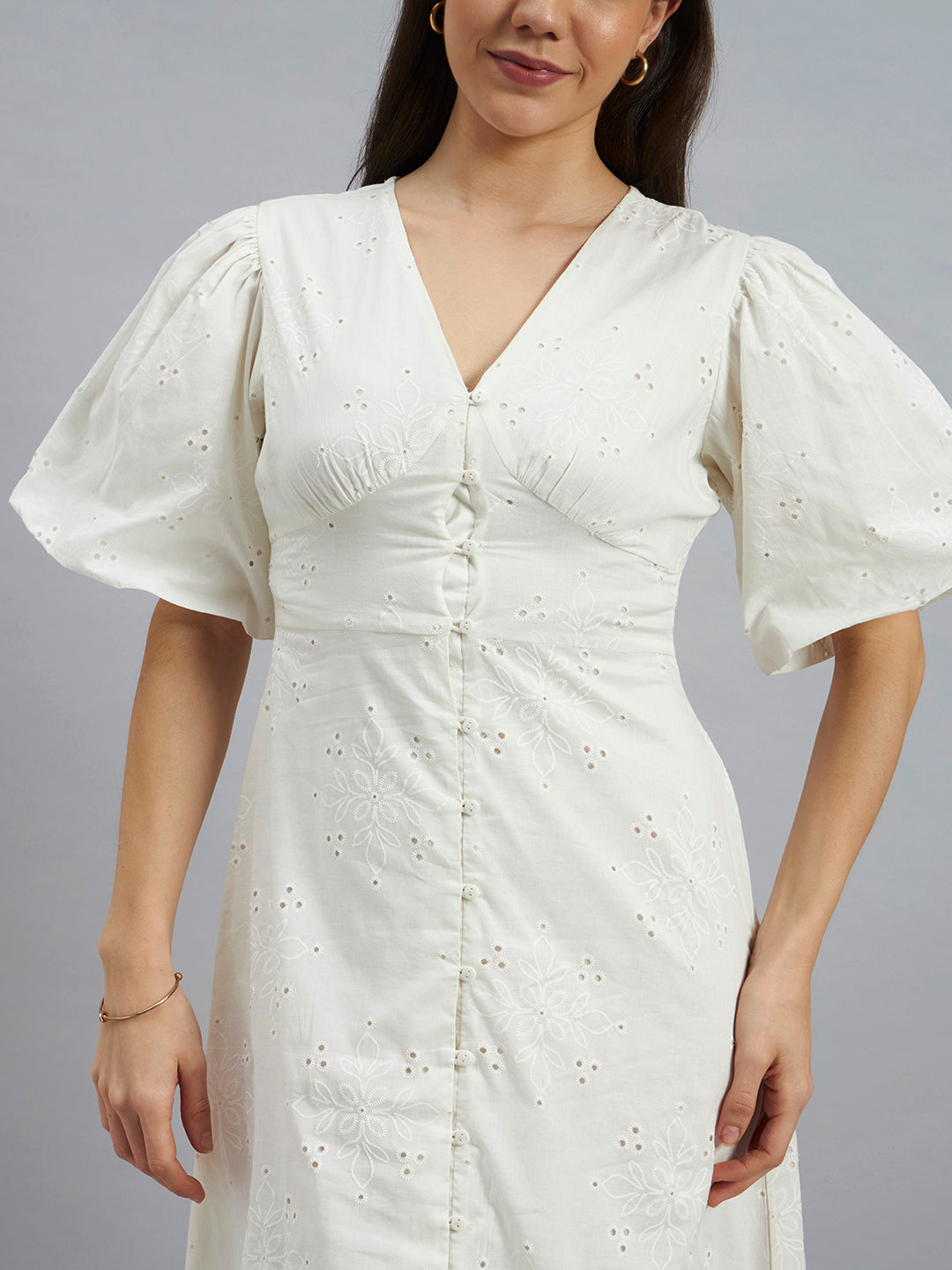 White Schiffli Embroidered Puff Sleeve Cotton Midi Dress
