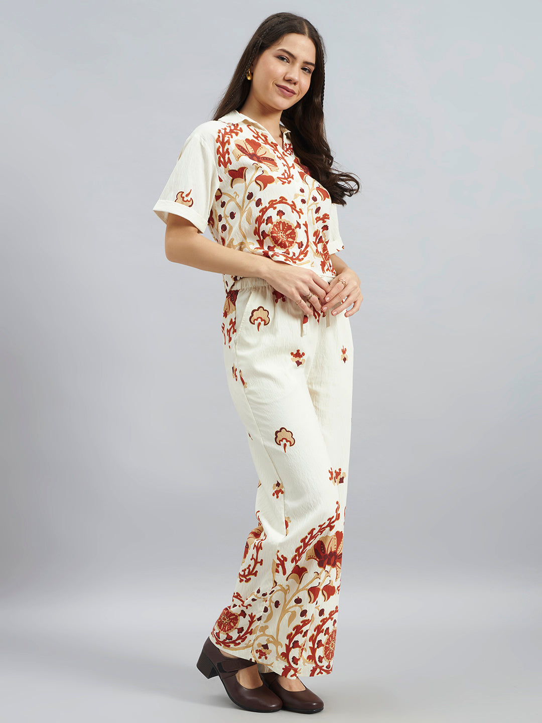 Women’s Cream Viscose Placement Printed Co-Ord Set