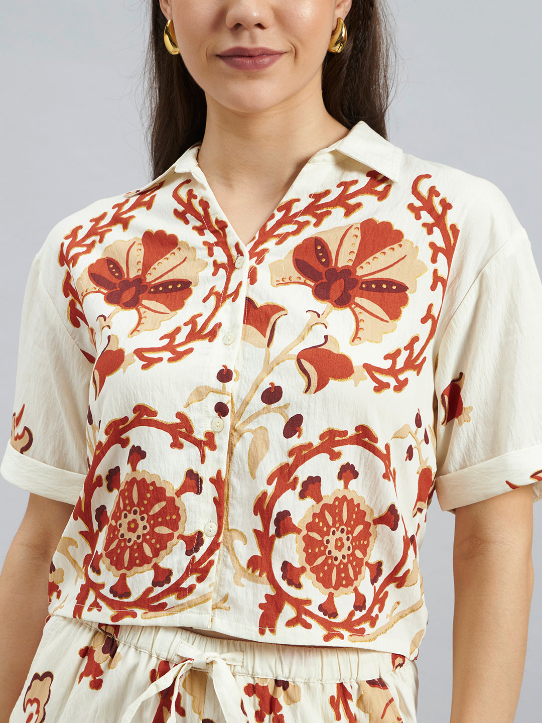Women’s Cream Viscose Placement Printed Co-Ord Set