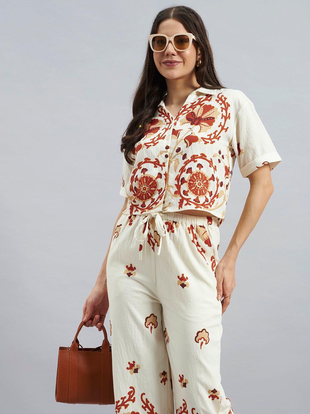 Women’s Cream Viscose Placement Printed Co-Ord Set