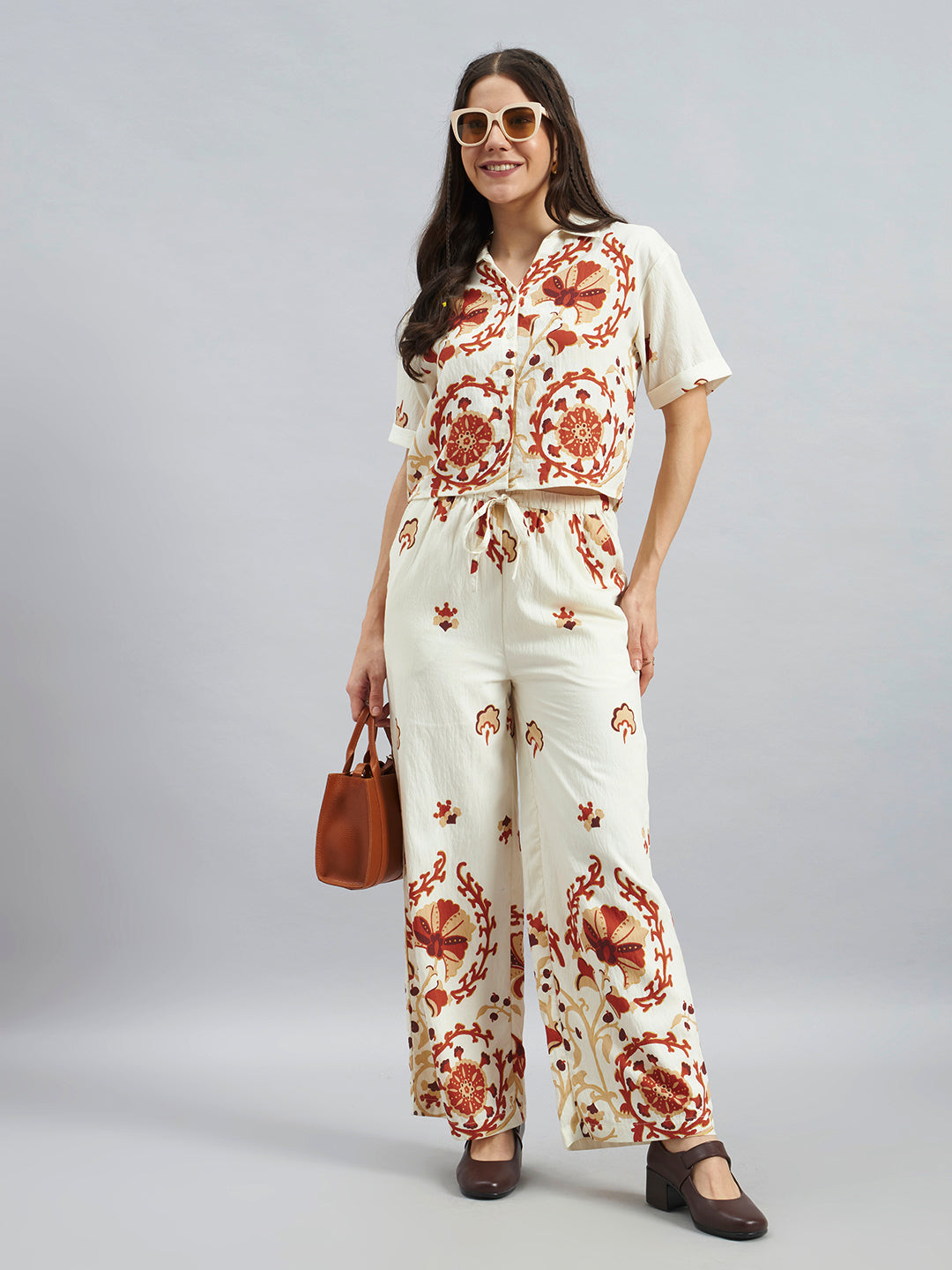 Women’s Cream Viscose Placement Printed Co-Ord Set