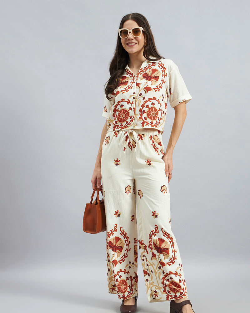 Women’s Cream Viscose Placement Printed Co-Ord Set