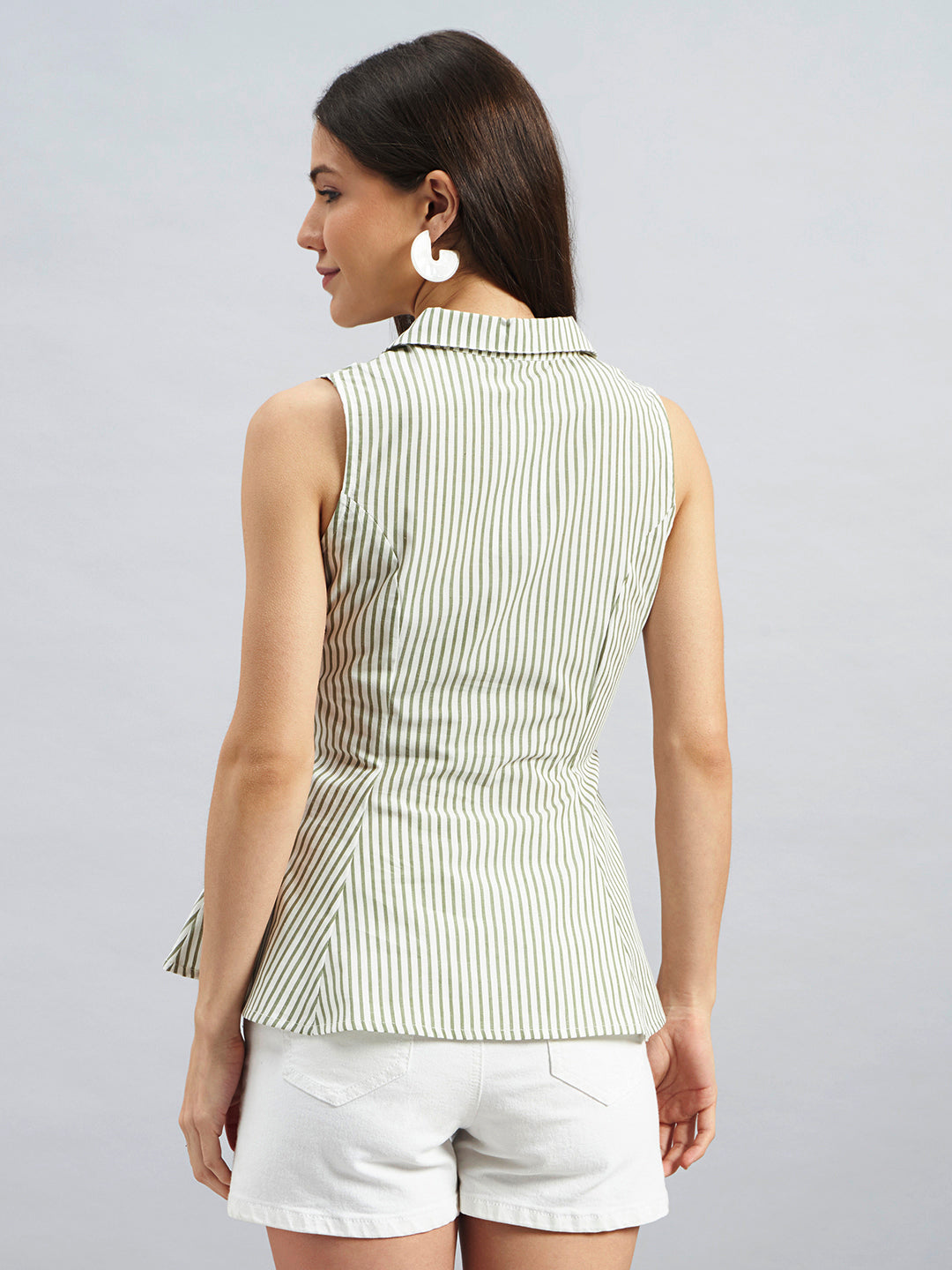 Green Striped Sleeveless Cotton Shirt With Flared Hem