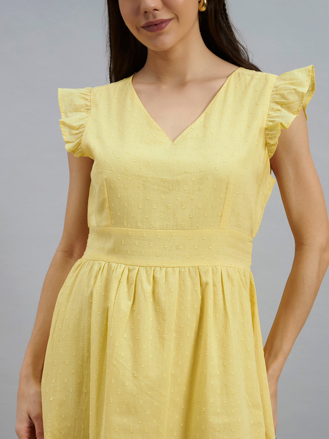Yellow Textured Cotton Midi Dress With Flutter Sleeves