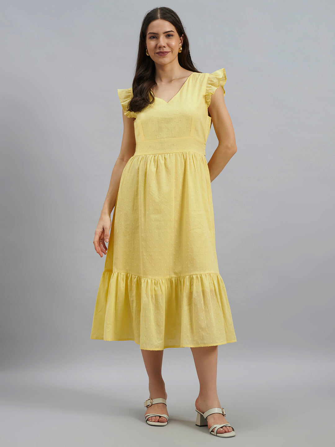 Yellow Textured Cotton Midi Dress With Flutter Sleeves