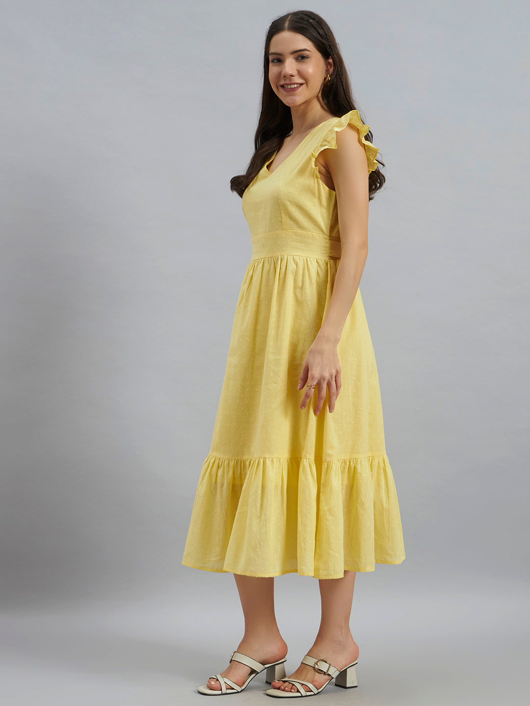 Yellow Textured Cotton Midi Dress With Flutter Sleeves