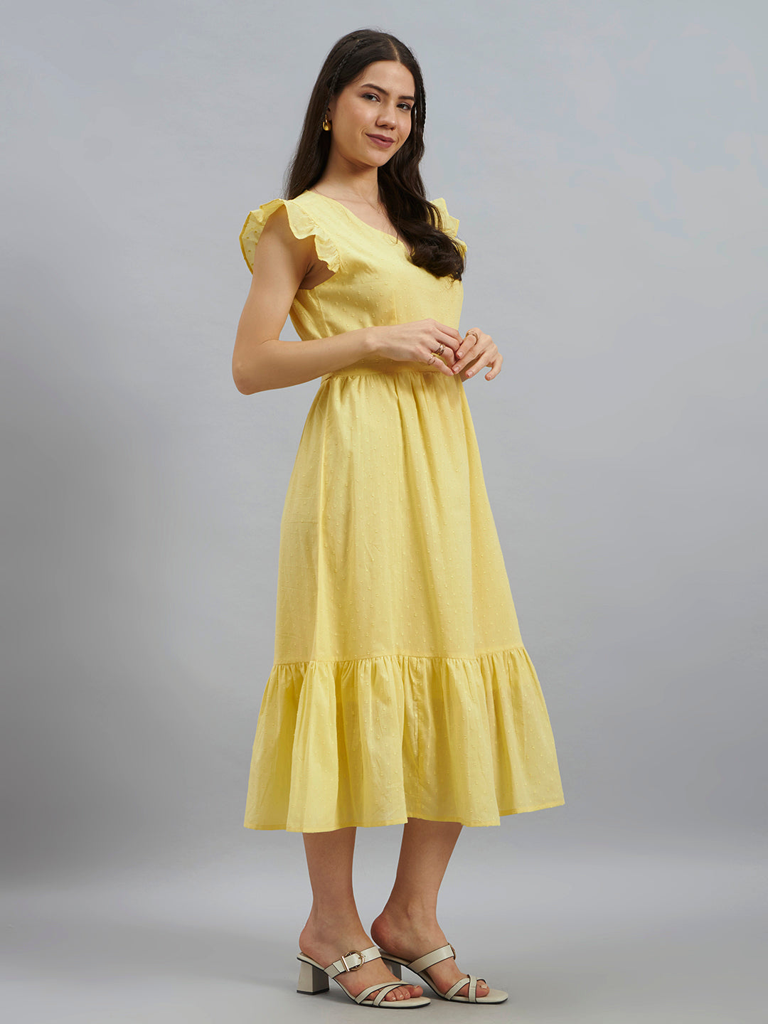 Yellow Textured Cotton Midi Dress With Flutter Sleeves