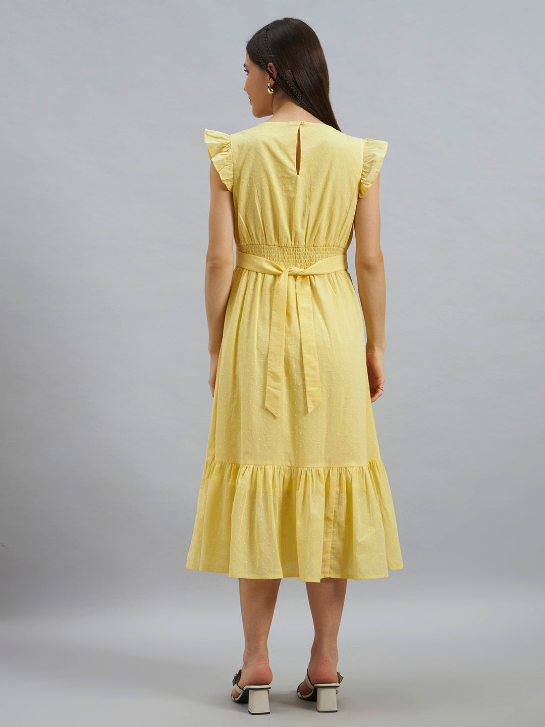 Yellow Textured Cotton Midi Dress With Flutter Sleeves