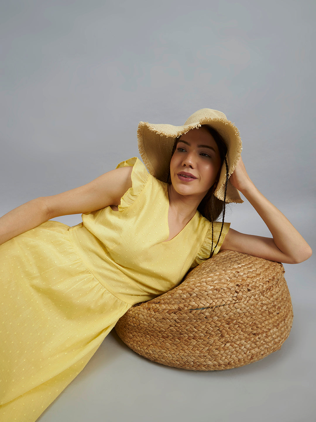 Yellow Textured Cotton Midi Dress With Flutter Sleeves