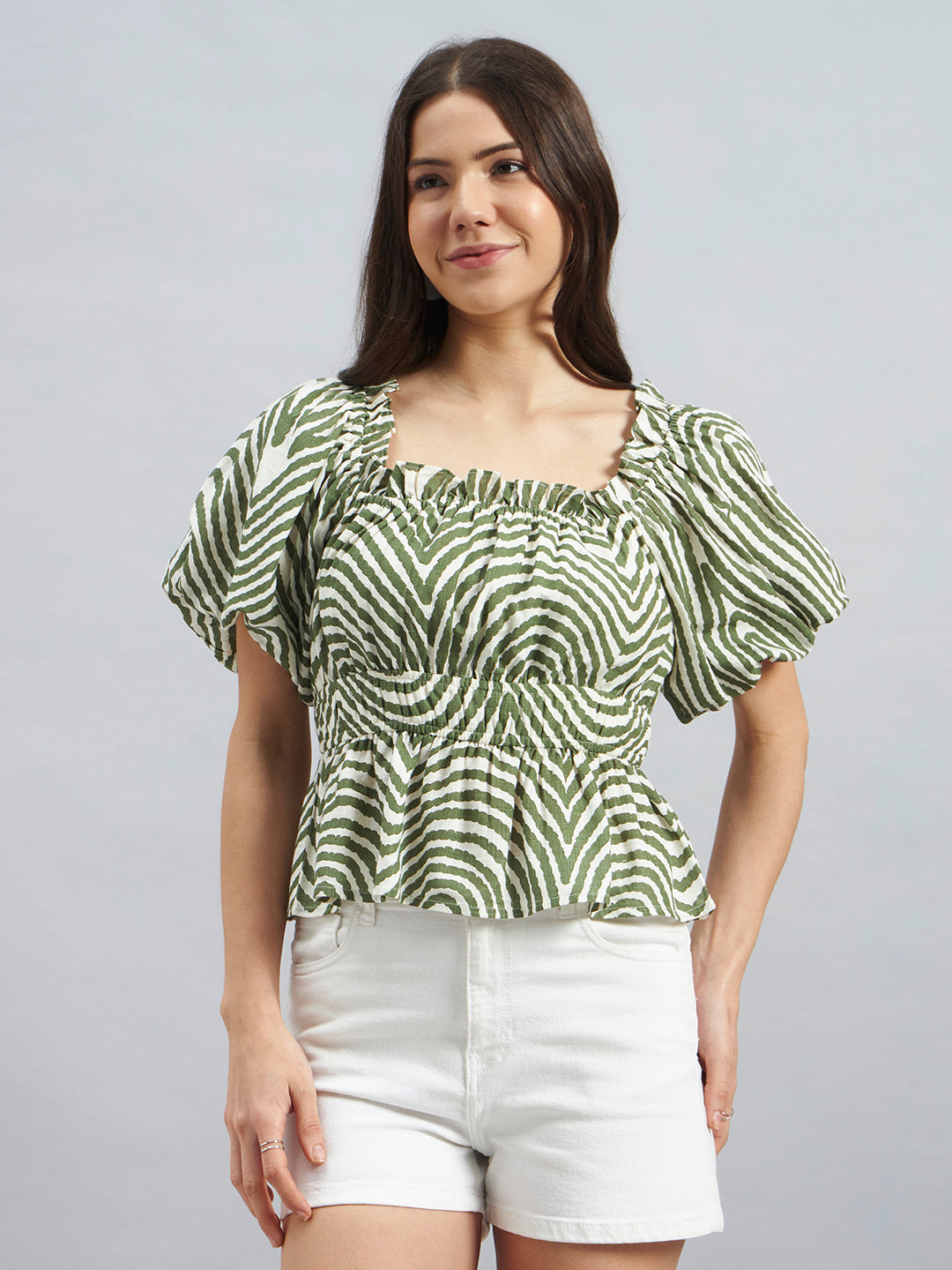 Green Abstract Print Peplum Top