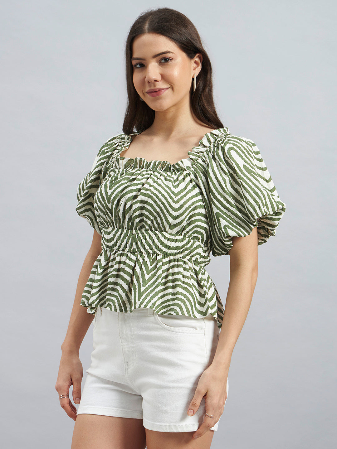 Green Abstract Print Peplum Top