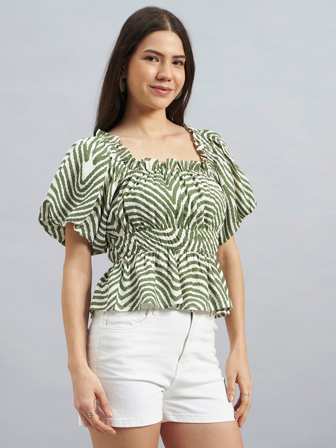 Green Abstract Print Peplum Top
