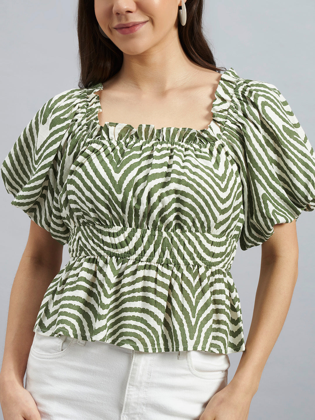 Green Abstract Print Peplum Top