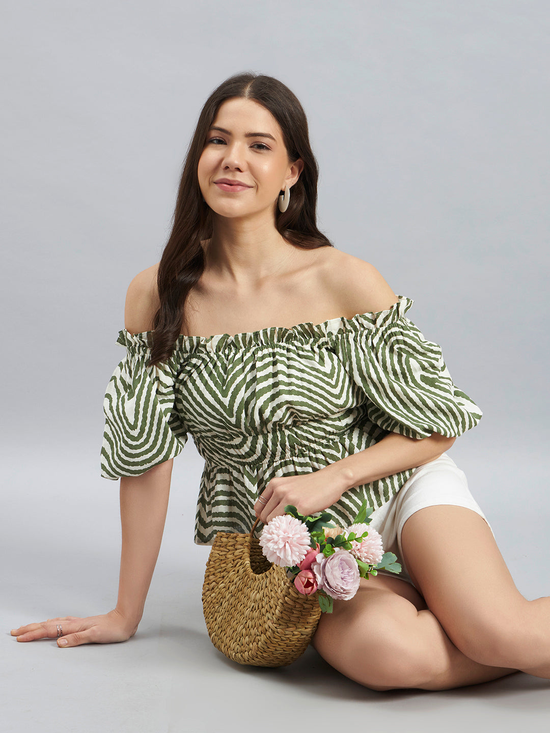 Green Abstract Print Peplum Top