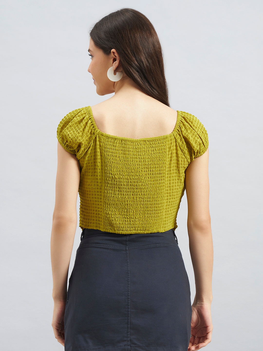 Olive Green Smocked Square-Neck Top In Poly Crepe
