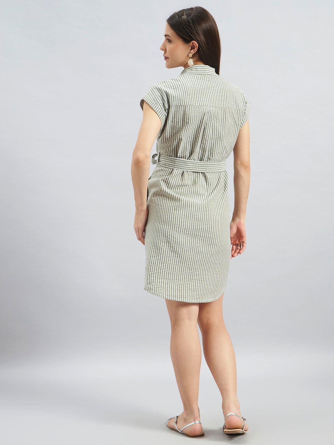 Olive White Striped Cotton Shirt Dress With Belted Waist