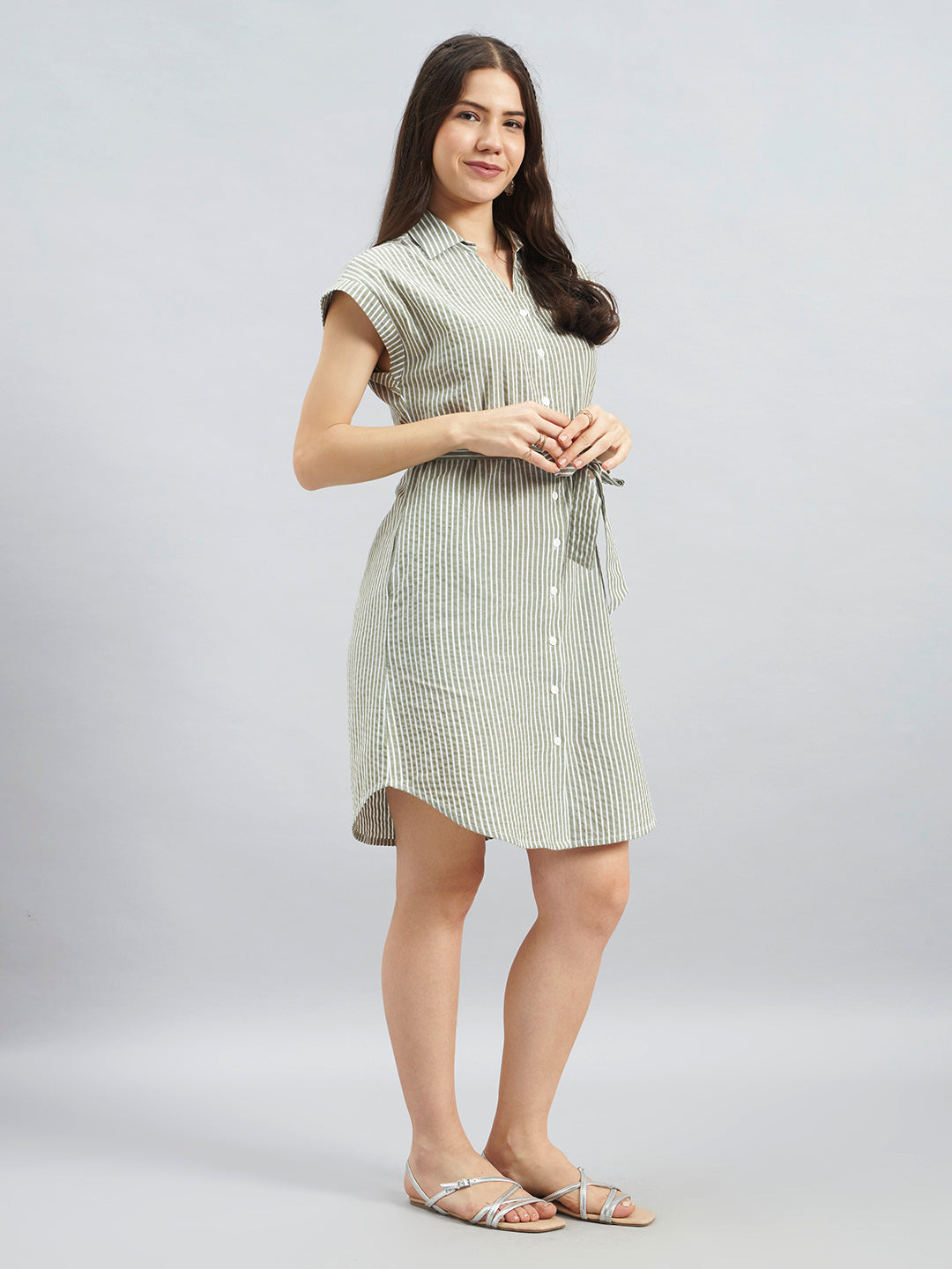 Olive White Striped Cotton Shirt Dress With Belted Waist