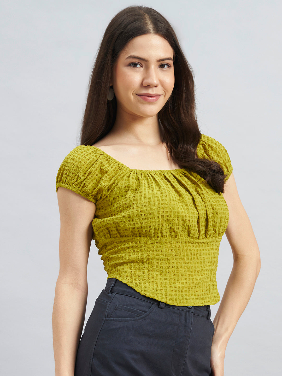 Olive Green Smocked Square-Neck Top In Poly Crepe
