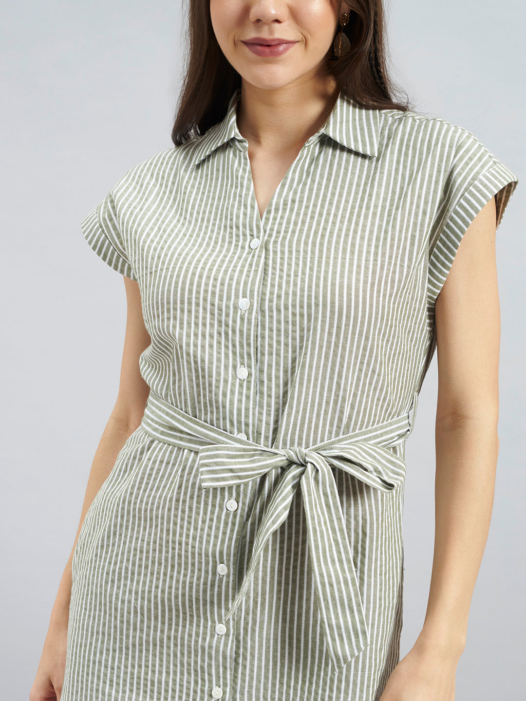 Olive White Striped Cotton Shirt Dress With Belted Waist